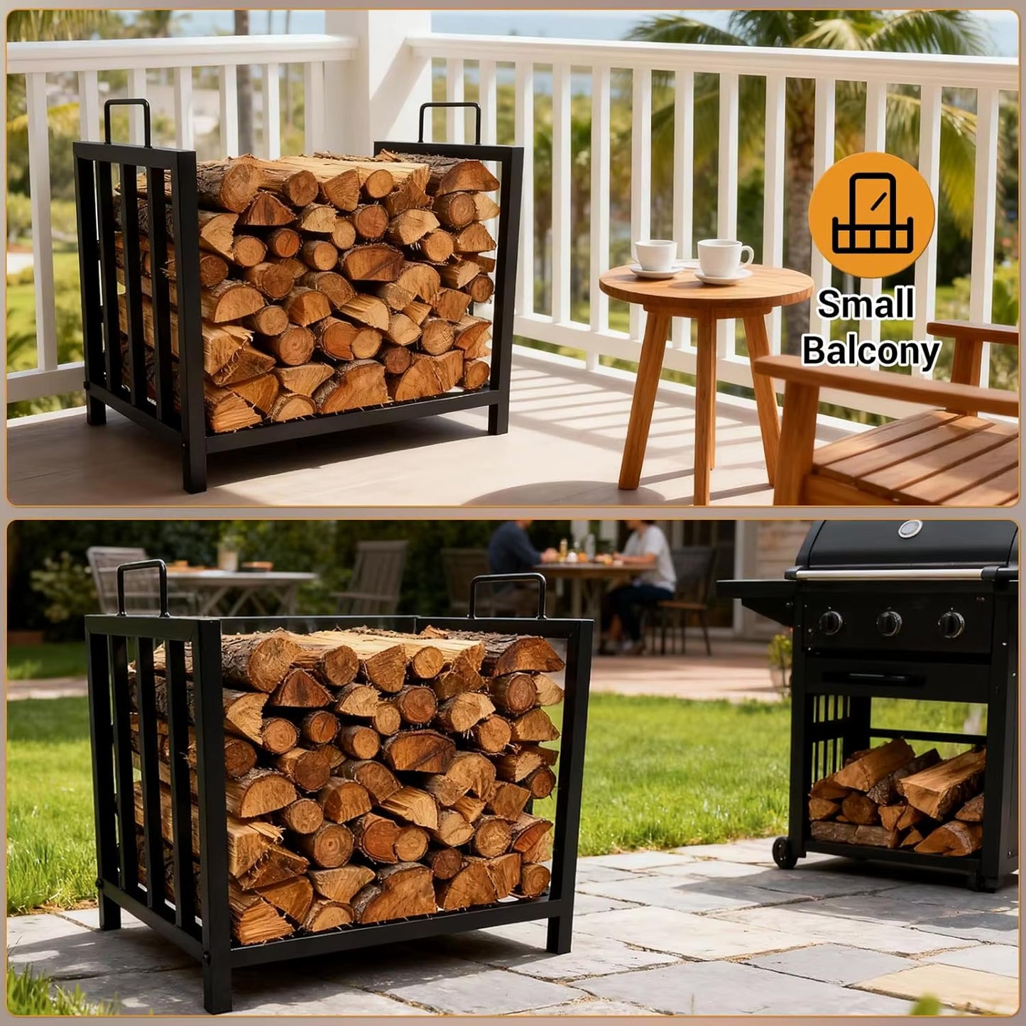 2 ft Indoor/Outdoor Firewood Rack with Handles