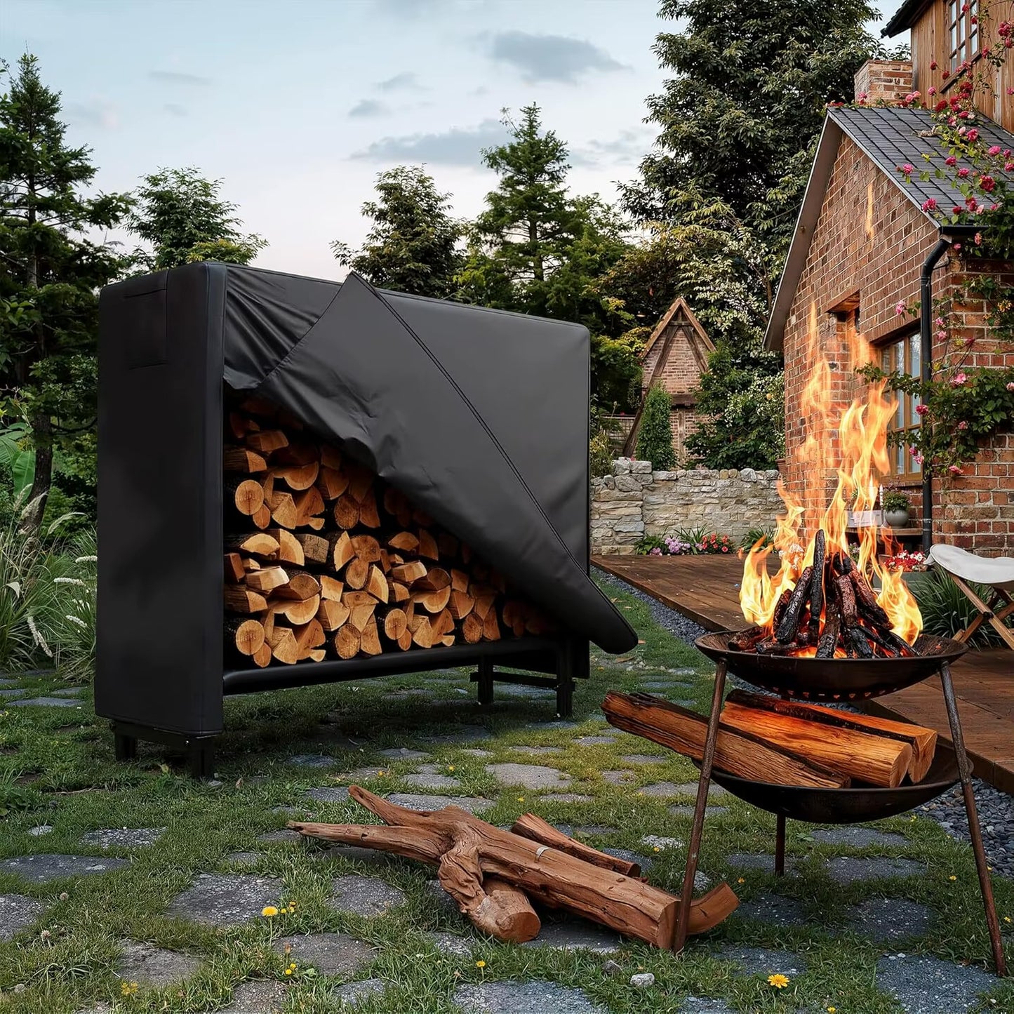 4 ft Outdoor Firewood Rack with Waterproof Cover